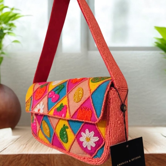 NWT - America & Beyond Beaded Daisy Cherry Summer Tropical Embellished Bag Purse - Picture 6 of 8
